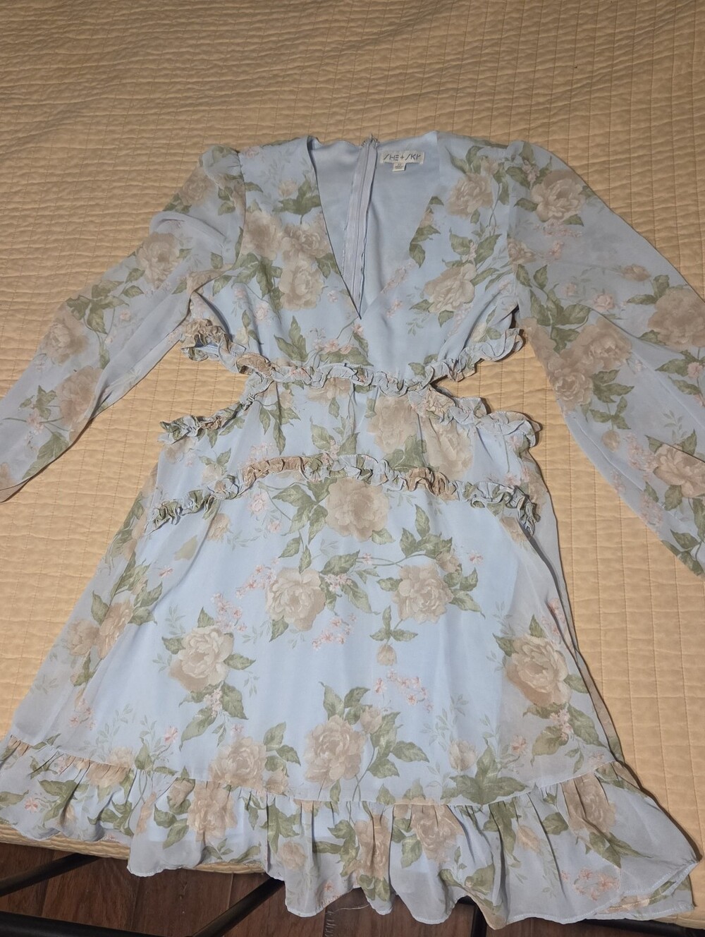 She + Sky Light Blue Floral Ruffle V-Neck Dress